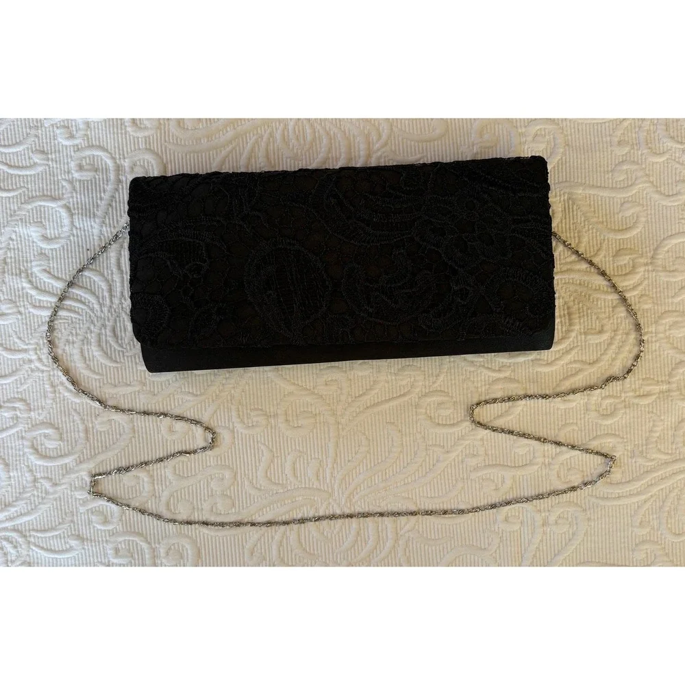 Black Satin Lace Overlay Evening Clutch Bag with Silver Chain Strap Formal Purse